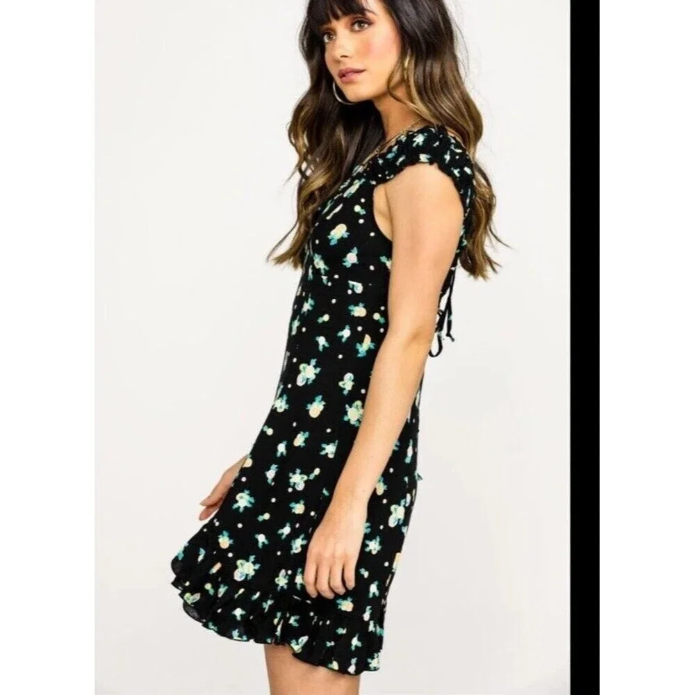 Free People Like A Lady Floral Print Ruffle Trim Mini Dress Black Womens Small​​